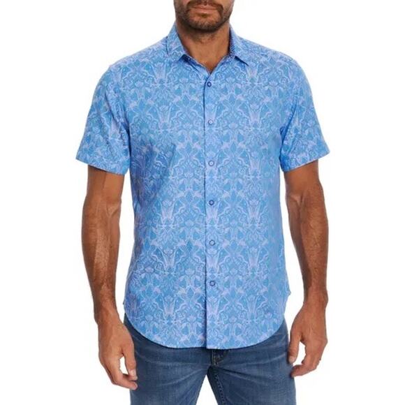Robert Graham Highland Jacquard Light Blue Short Sleeve Button-Up Shirt Large - Picture 2 of 8